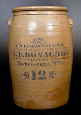 12 Gal. EXCELSIOR POTTERY / A. P. DONAGHHO / Parkersburg, W. Va. Stoneware Jar