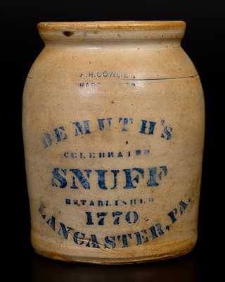 Fine F. H. COWDEN / HARRISBURG, PA DEMUTH S SNUFF / LANCASTER Stoneware Jar