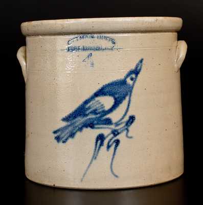 4 Gal. OTTMAN BRO'S / FORT EDWARD, NY Stoneware Crock w/ Bird on Stump