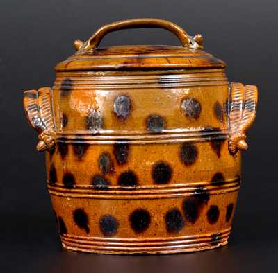 Exceptional Lidded PA Redware Jar w/ Manganese Splotches and Unusual Acorn Handle Terminals