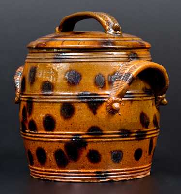 Exceptional Lidded PA Redware Jar w/ Manganese Splotches and Unusual Acorn Handle Terminals