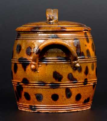 Exceptional Lidded PA Redware Jar w/ Manganese Splotches and Unusual Acorn Handle Terminals