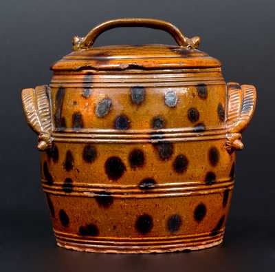 Exceptional Lidded PA Redware Jar w/ Manganese Splotches and Unusual Acorn Handle Terminals