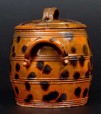 Exceptional Lidded PA Redware Jar w/ Manganese Splotches and Unusual Acorn Handle Terminals