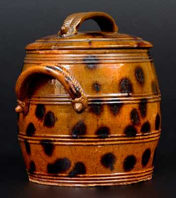 Exceptional Lidded PA Redware Jar w/ Manganese Splotches and Unusual Acorn Handle Terminals