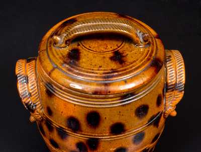 Exceptional Lidded PA Redware Jar w/ Manganese Splotches and Unusual Acorn Handle Terminals