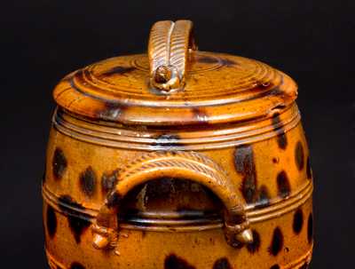 Exceptional Lidded PA Redware Jar w/ Manganese Splotches and Unusual Acorn Handle Terminals