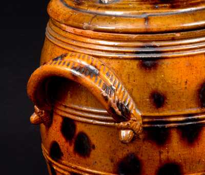 Exceptional Lidded PA Redware Jar w/ Manganese Splotches and Unusual Acorn Handle Terminals