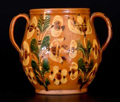Important 1810 Bucks County, PA Redware Jar w/ Profuse Slip Floral Decoration