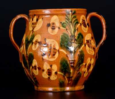 Important 1810 Bucks County, PA Redware Jar w/ Profuse Slip Floral Decoration