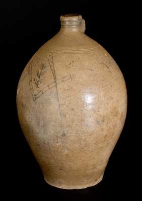 Ohio Stoneware Jug with Incised Masonic Symbol and Central Cornstalk