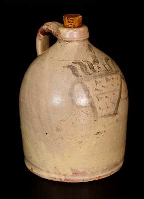 Exceptional Redware Jug w/ Slip Basket-of-Flowers Decoration, probably New York State