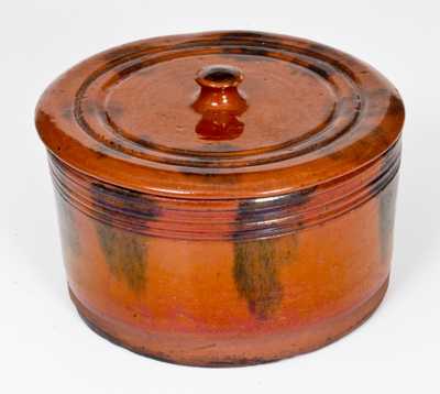 Redware Butter Crock with Lid, both with Manganese Decoration