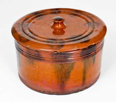 Redware Butter Crock with Lid, both with Manganese Decoration