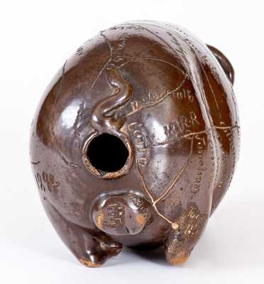 Anna Pottery 1894 Stoneware Pig Flask w/ Fat Jowls and Elaborate Railroad Map