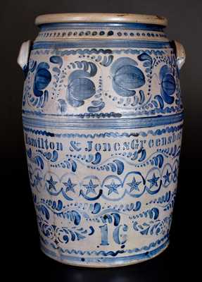 Exceptional 16 Gal. HAMILTON & JONES / GREENSBORO Profusely-Decorated Stoneware Jar