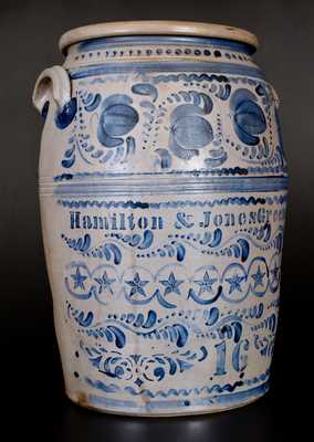 Exceptional 16 Gal. HAMILTON & JONES / GREENSBORO Profusely-Decorated Stoneware Jar