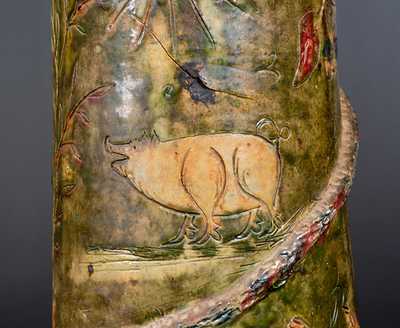 Elaborate Welsh Earthenware Umbrella Stand w/ Applied Snakes, Frogs, and Profuse Designs