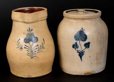 Lot of Two: Stoneware Pitcher and Jar with Similar Floral Decorations, possibly NJ