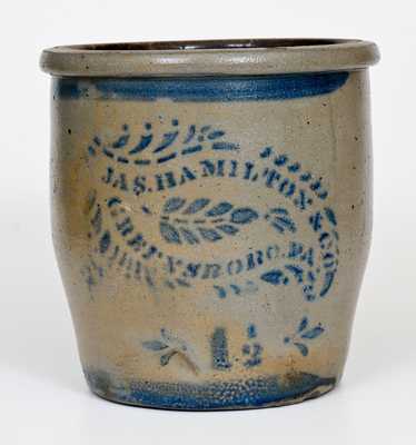 JAS. HAMILTON & CO. / GREENSBORO, PA Stoneware Cream Jar with Stencilled Leaf Decoration