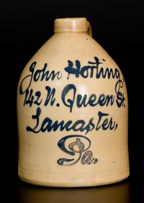 Scarce Half-Gallon Lancaster, PA Stoneware Advertising Jug, attrib. Fulper, Flemington, NJ