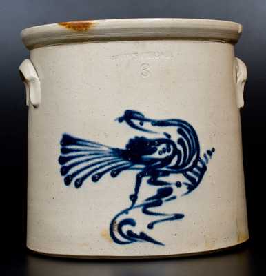 Three-Gallon WHITES. UTICA NY Stoneware Crock w/ Cobalt Running Bird Decoration