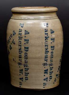 Very Unusual A. P. DONAGHHO / PARKERSBURG, W. VA Stoneware Jar w/ Profuse Maker's Stenciling