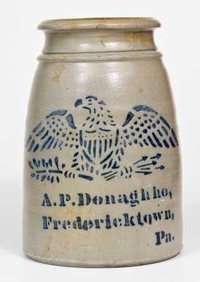 Scarce and Fine A.P. Donaghho, / Fredericktown, / Pa. Stoneware Canning Jar w/ Stenciled Eagle