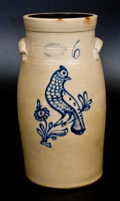 Six-Gallon J. BURGER JR / ROCHESTER, N.Y. Stoneware Churn w/ Cobalt Quail Design