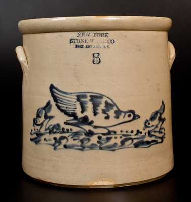 5 Gal. NEW YORK STONEWARE CO. Crock w/ Unusual Pecking Chicken and Chicks Decoration