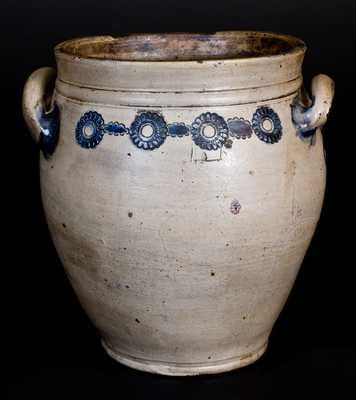 Unusual attrib. Crolius, Manhattan Stoneware Jar w/ Impressed Rosettes, circa 1810