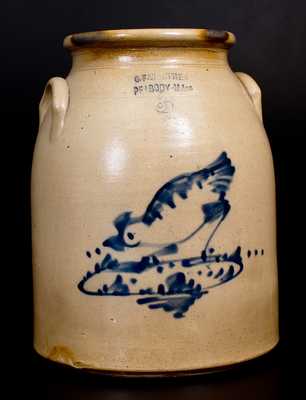 3 Gal. Stoneware Jar with Pecking Chicken Decoration and Impressed PEABODY, MASS Advertising