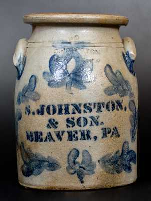 Rare S. JOHNSTON, / & SON. / BEAVER, PA Stoneware Jar w/ Cobalt Floral Decoration
