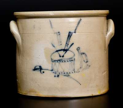 Unusual 1 Gal. Stoneware Crock with Detailed Drum, Sword, and Bugle Decoration