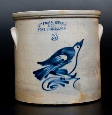 3 Gal. OTTMAN BROS. & CO. / FORT EDWARD, N.Y. Stoneware Crock with Bird Decoration