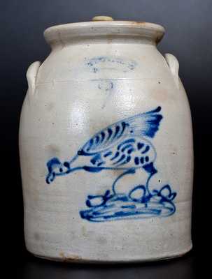 3 Gal. TROY, N.Y. POTTERY Stoneware Lidded Jar with Pecking Chicken Decoration