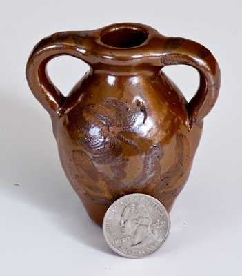 Unusual Miniature Albany Slip Stoneware Double-Handled Jug w/ Albany Slip Decoration