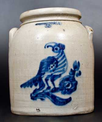 2 Gal. WHITES UTICA Stoneware Jar with Detailed Brushed Cobalt Bird Decoration
