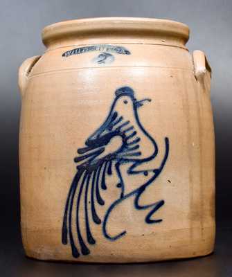 2 Gal. WHITES UTICA Stoneware Jar with Slip-Trailed Bird Decoration