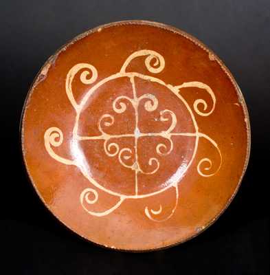 Huntington, Long Island Redware Plate with Swirled Yellow Slip Decoration