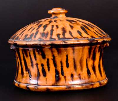 Redware Lidded Butter Crock Profuse Manganese Decoration