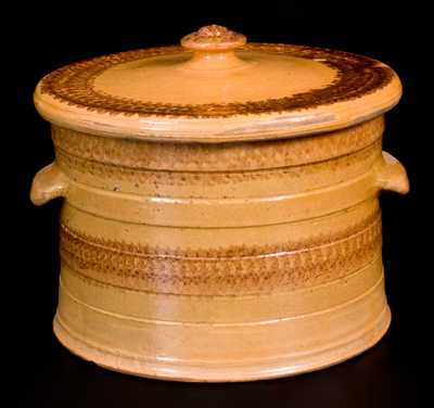 Rare Large-Sized J. BELL Redware Lidded Cake Crock w/ Sponged Manganese Decoration