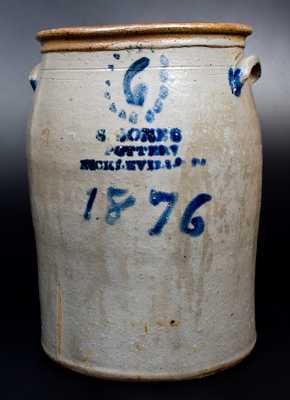 Rare 6 Gal. S. JONES POTTERY / NICKLEVILLE, PA Stoneware Jar Dated 1876