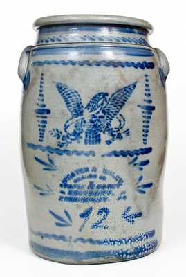 Fine 12 Gal. Stoneware Jar with Stenciled Eagle and BRIDGEPORT, PA Advertising