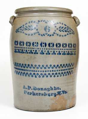 6 Gal. A. P. Donaghho / Parkersburg, W. Va. Stoneware Jar w/ Profuse Stenciled Decoration