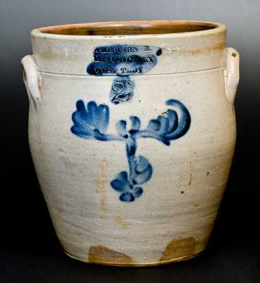 2 Gal. WM. E. WARNER / MANUFACTORY / WEST TROY Stoneware Jar with Floral Decoration