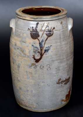 Unusual 4 Gal. Stoneware Jar with Floral Decoration Dated 1863
