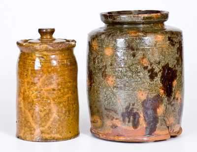 Lot of Two: Redware Jar with Manganese Splotches and Redware Lidded Canning Jar