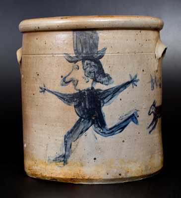 Exceptional Stoneware Crock with Dog-Chasing-Man Decoration, Ohio, circa 1860