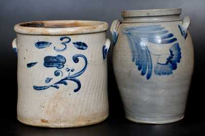 Lot of Two: Stoneware Jars with Cobalt Floral Decoration
